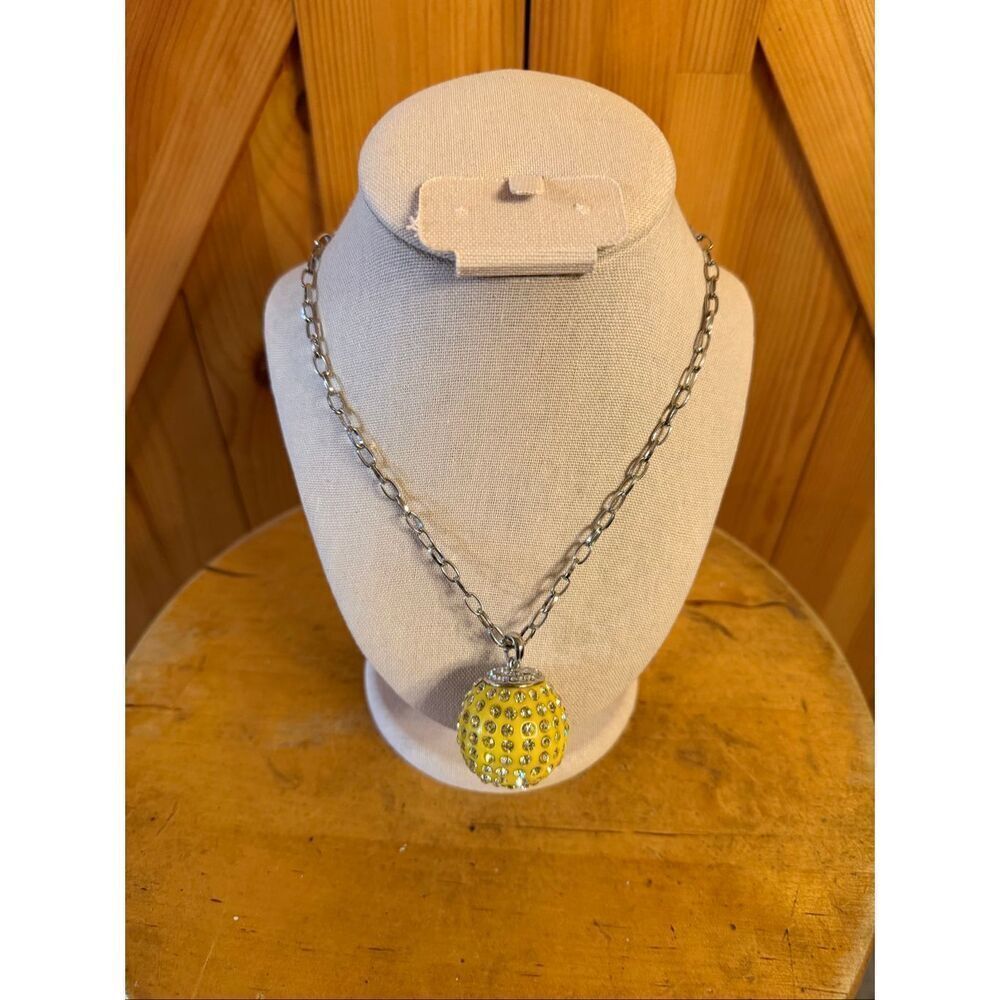 Disco Ball Necklace/Pendant - Reflective Ball yellow Rhinestone 70s Accessory (7